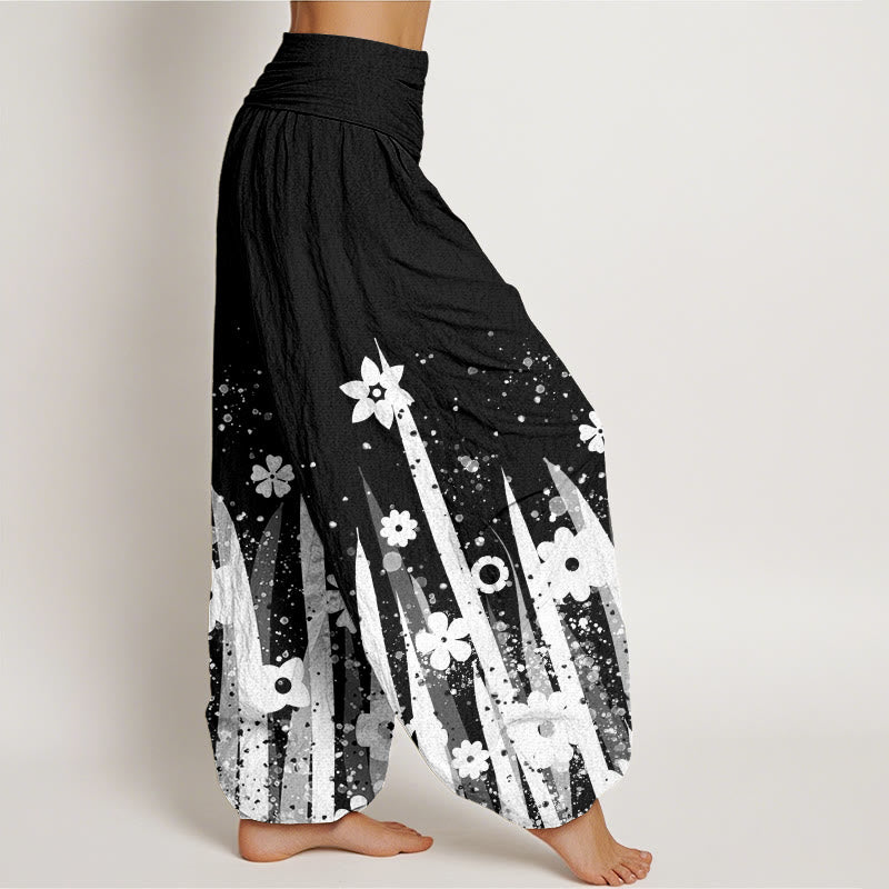 Pantalones harén informales con estampado de flores y hierba blanca de Buddha Stones para mujer, cintura elástica - image 3