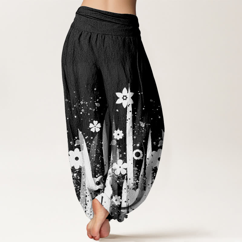 Pantalones harén informales con estampado de flores y hierba blanca de Buddha Stones para mujer, cintura elástica - image 2