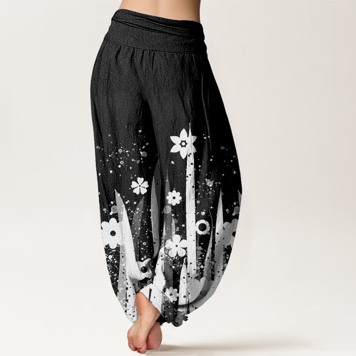 Pantalones harén informales con estampado de flores y hierba blanca de Buddha Stones para mujer, cintura elástica - image 2