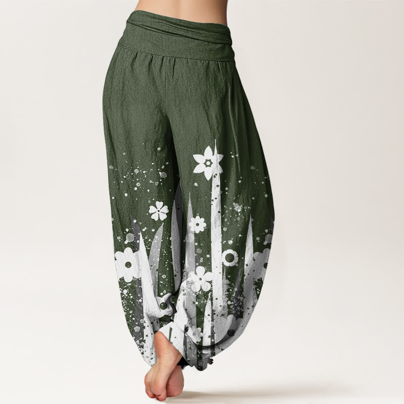 Pantalones harén informales con estampado de flores y hierba blanca de Buddha Stones para mujer, cintura elástica - image 6