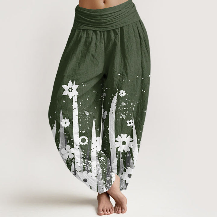 Pantalones harén informales con estampado de flores y hierba blanca de Buddha Stones para mujer, cintura elástica - Verde oscuro - US22，UK/AU26，EU54 (6XL) - image 5