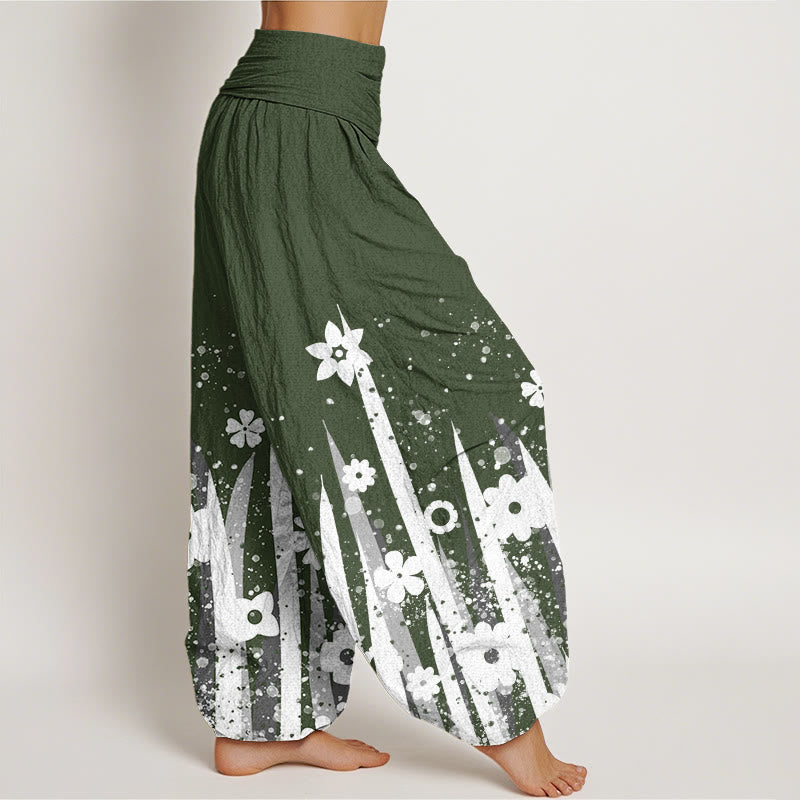 Pantalones harén informales con estampado de flores y hierba blanca de Buddha Stones para mujer, cintura elástica - image 7