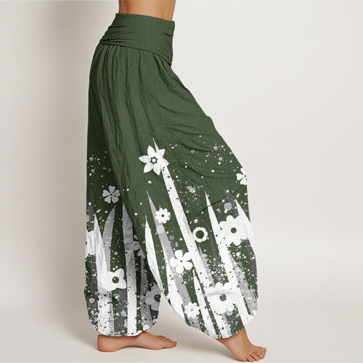 Pantalones harén informales con estampado de flores y hierba blanca de Buddha Stones para mujer, cintura elástica - image 7