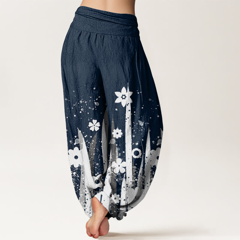 Pantalones harén informales con estampado de flores y hierba blanca de Buddha Stones para mujer, cintura elástica - image 9