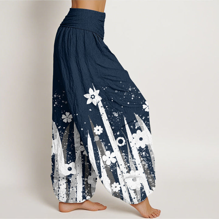 Pantalones harén informales con estampado de flores y hierba blanca de Buddha Stones para mujer, cintura elástica - image 10