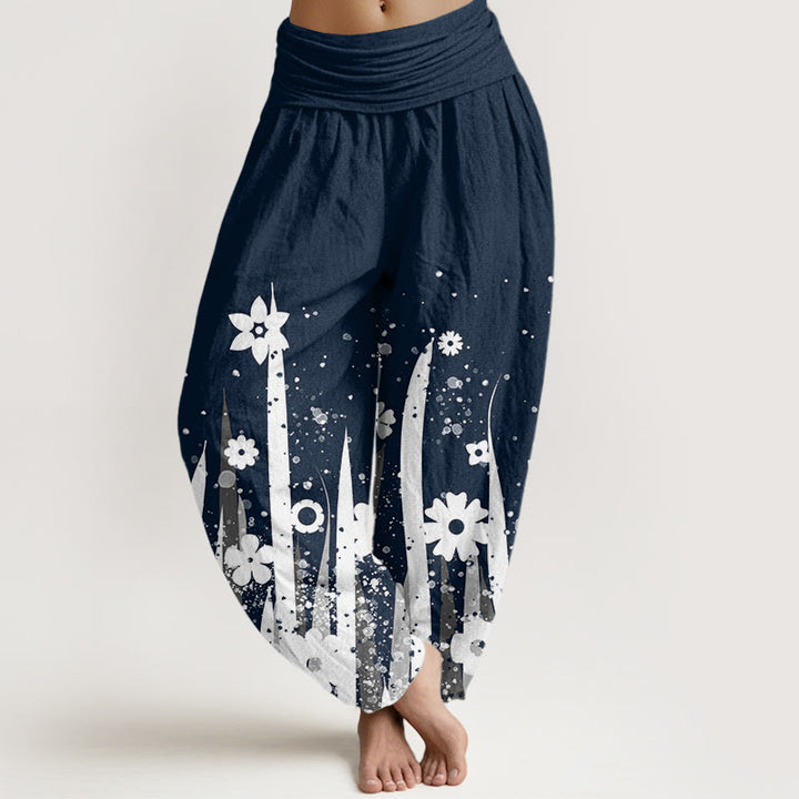 Pantalones harén informales con estampado de flores y hierba blanca de Buddha Stones para mujer, cintura elástica - Azul medianoche - US22，UK/AU26，EU54 (6XL) - image 8