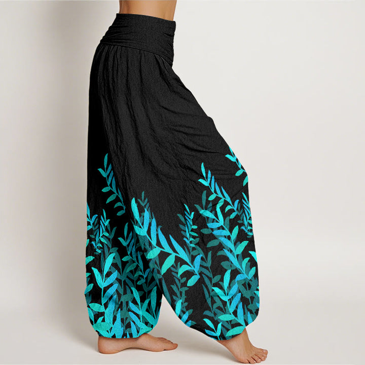 Pantalones harén de cintura elástica para mujer con estampado de hojas y Buddha Stones - image 2