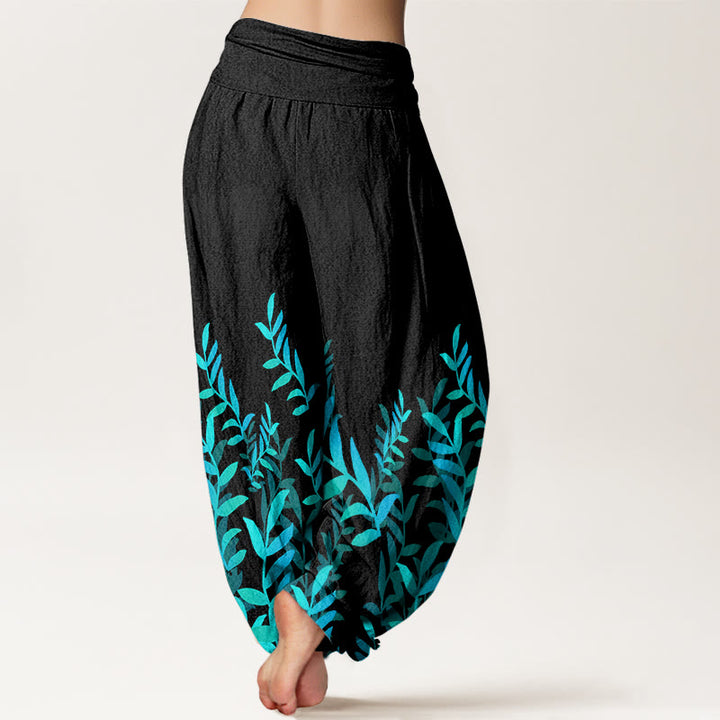 Pantalones harén de cintura elástica para mujer con estampado de hojas y Buddha Stones - image 1