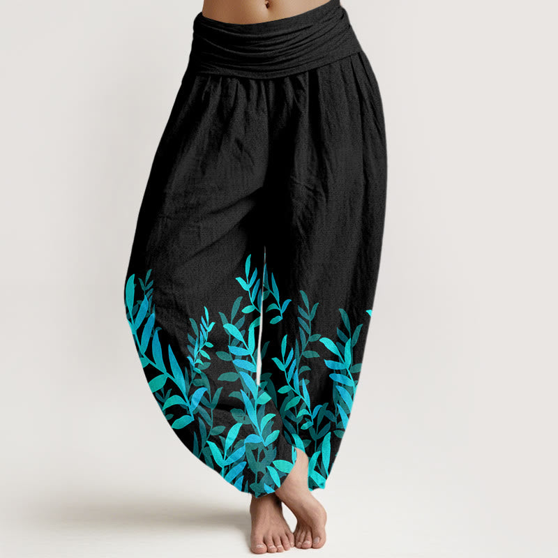 Pantalones bombachos de mujer con cintura elástica, estampado de hojas y estampado casual de hojas de algodón con Buddha Stones. - Negro - US22，UK/AU26，EU54 (6XL) - image 0