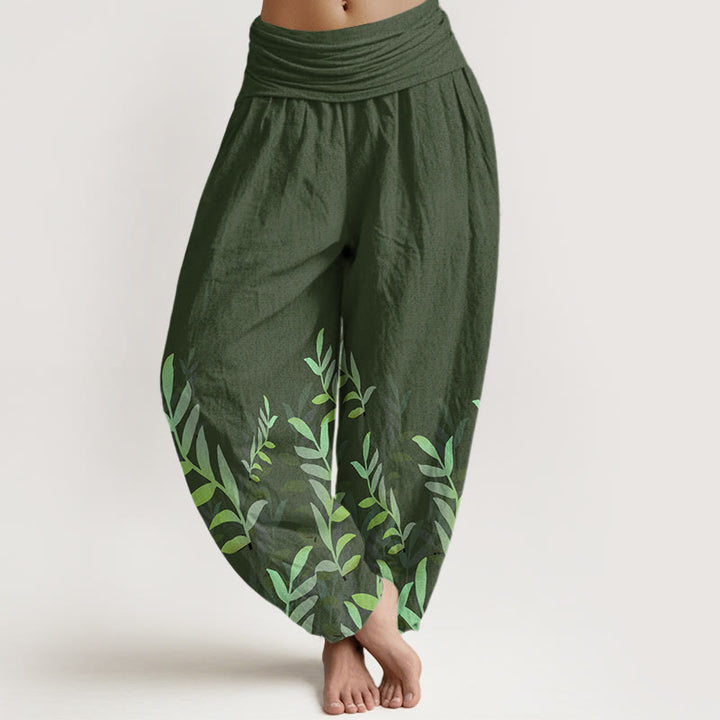 Pantalones harén de cintura elástica para mujer con estampado de hojas y Buddha Stones - Verde bosque - US22，UK/AU26，EU54 (6XL) - image 4