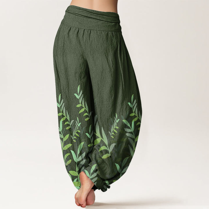 Pantalones harén de cintura elástica para mujer con estampado de hojas y Buddha Stones - image 5