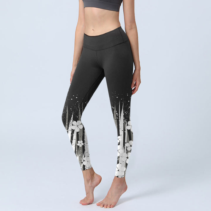 Leggings de yoga para mujer con estampado de plantas acuáticas y flores blancas de Buddha Stones - Negro - US18，UK/AU22，EU50 (4XL) - image 0