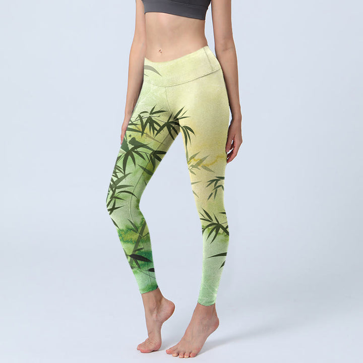 Leggings de yoga para mujer con estampado de Buddha Stones y bambú en flor - Verde amarillento - US18，UK/AU22，EU50 (4XL) - image 0