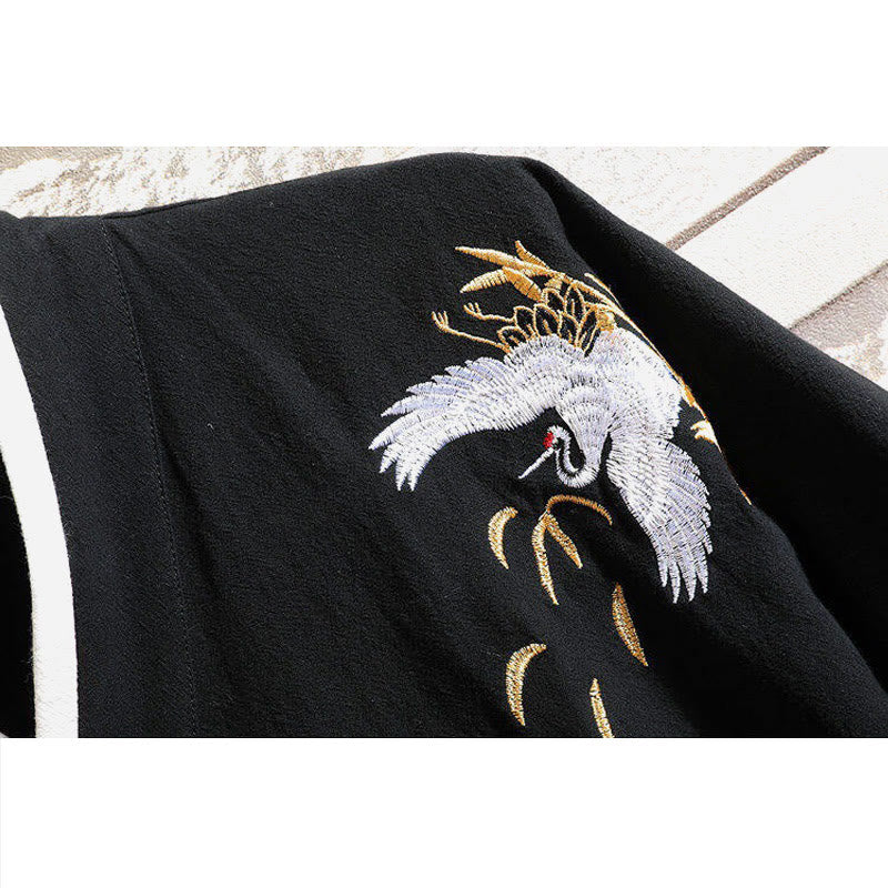 Camiseta de manga corta de lino y algodón para hombre con traje Tang con bordado de grulla y Buddha Stones , con cordones laterales - image 4