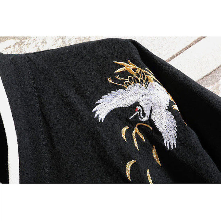 Camiseta de manga corta de lino y algodón para hombre con traje Tang con bordado de grulla y Buddha Stones , con cordones laterales - image 4