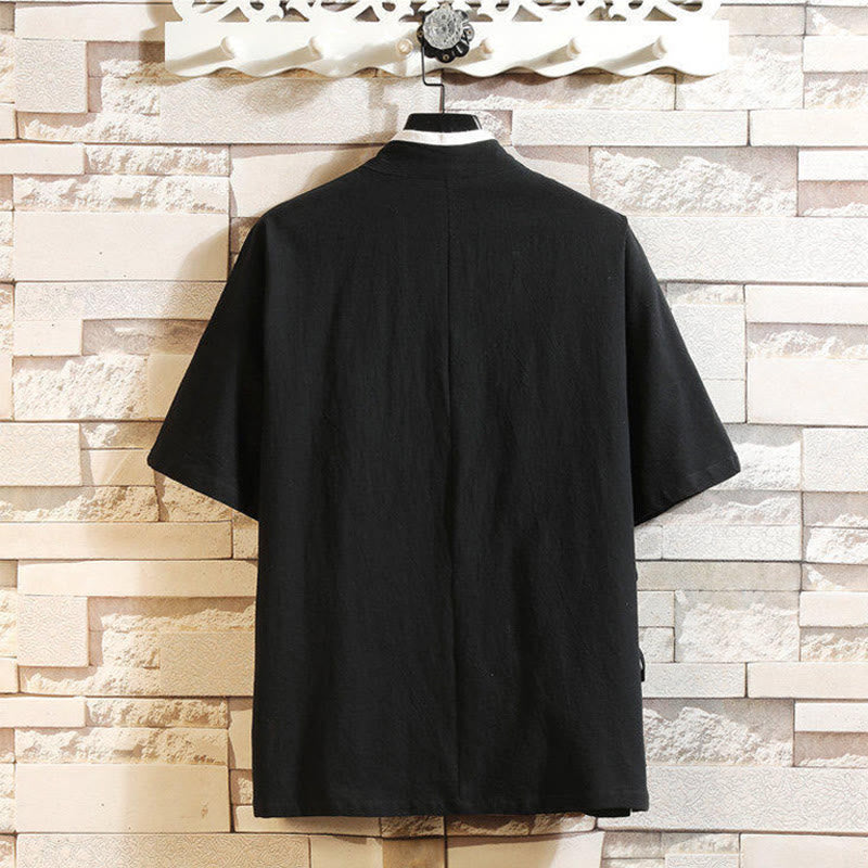 Camiseta de manga corta de lino y algodón para hombre con traje Tang con bordado de grulla y Buddha Stones , con cordones laterales - image 1