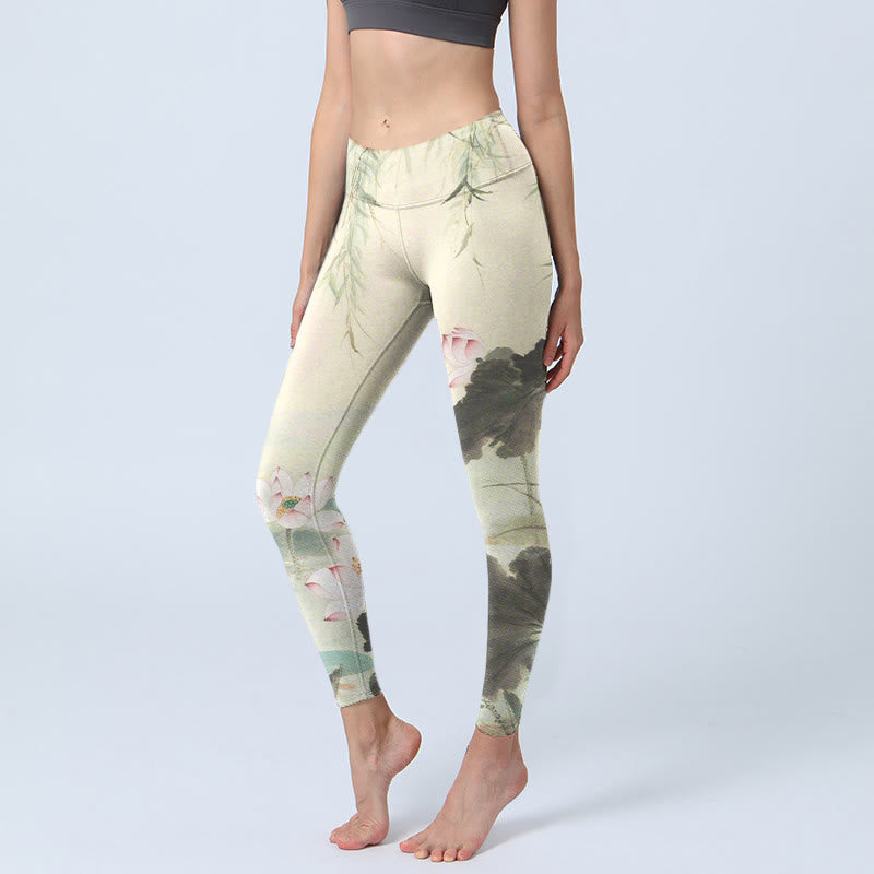 Leggings de yoga para mujer con estampado de Buddha Stones, hojas de sauce y estanque de loto - Beige - US18，UK/AU22，EU50 (4XL) - image 0