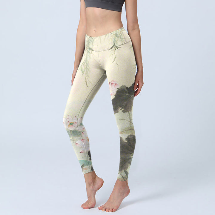 Leggings de yoga para mujer con estampado de Buddha Stones, hojas de sauce y estanque de loto - Beige - US18，UK/AU22，EU50 (4XL) - image 0