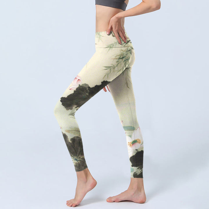 Leggings de yoga para mujer con estampado de Buddha Stones, hojas de sauce y estanque de loto - image 2