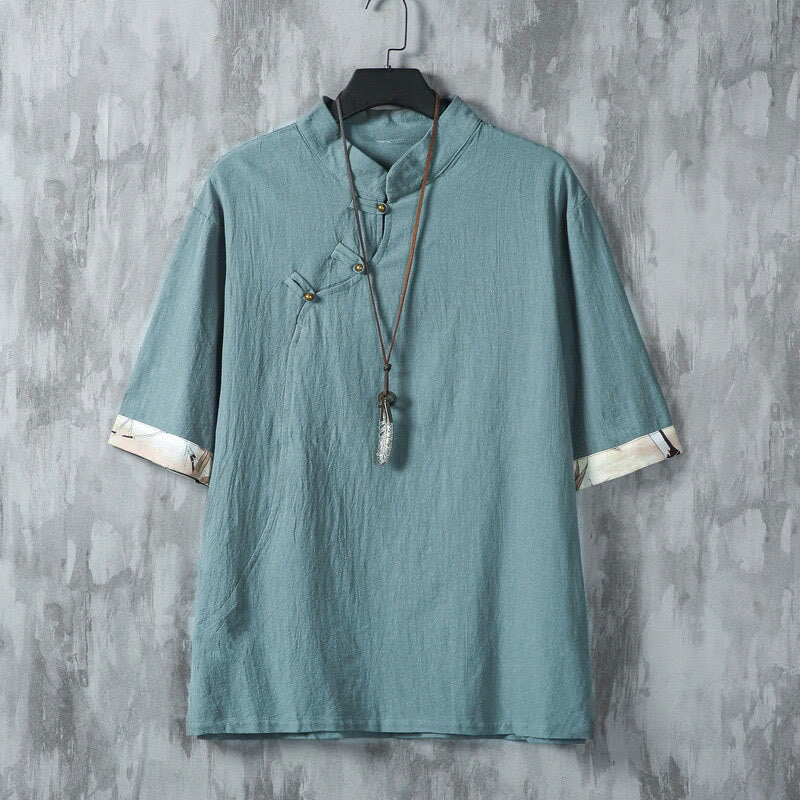 Camisa de lino y algodón de media manga para hombre, con estampado de rana china y botones de verano, con diseño de Buddha Stones - Verde mar claro - US/UK/AU46, EU56 (5XL) - image 0