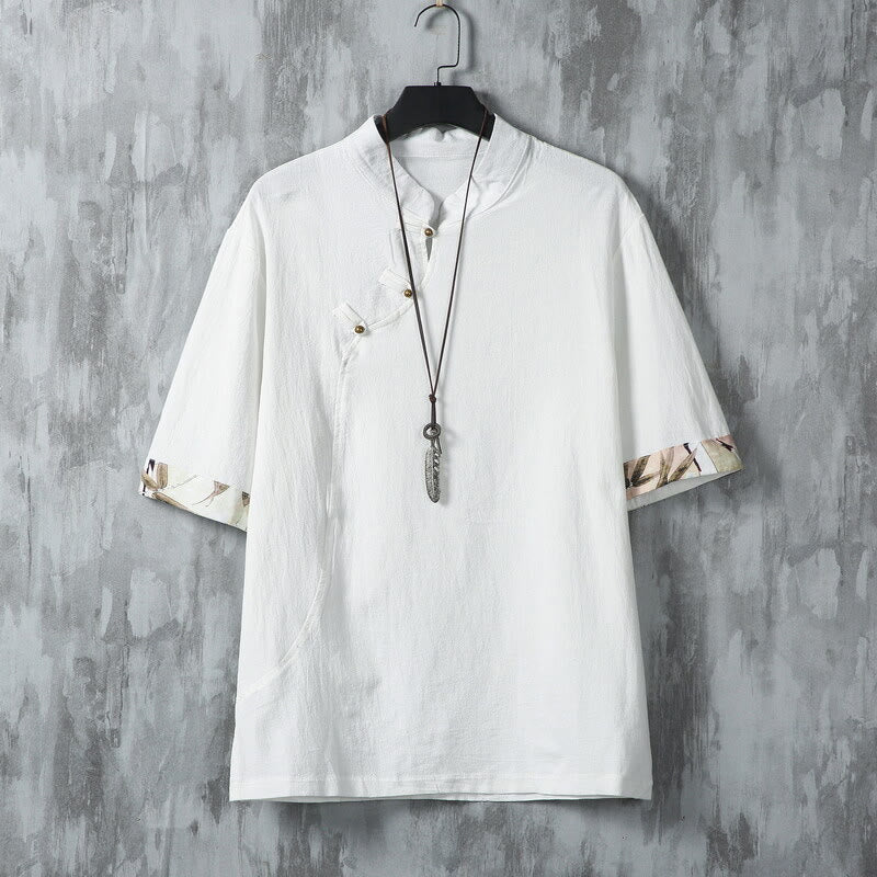 Camisa de lino y algodón de media manga para hombre, con estampado de rana china y botones de verano, con diseño de Buddha Stones - Blanco - US/UK/AU46, EU56 (5XL) - image 1