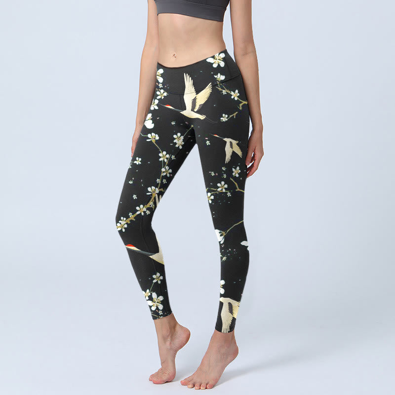 Leggings de yoga para mujer con estampado de grullas de corona roja, ciruelos y piedras de Buddha Stones - Negro - US18，UK/AU22，EU50 (4XL) - image 0