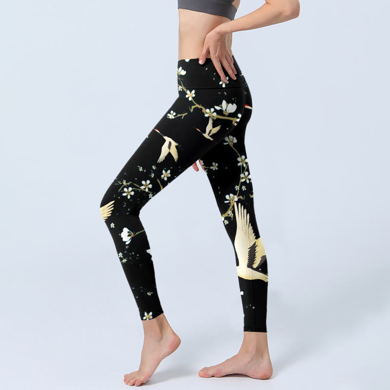Leggings de yoga para mujer con estampado de grullas de corona roja, ciruelos y piedras de Buddha Stones - image 2