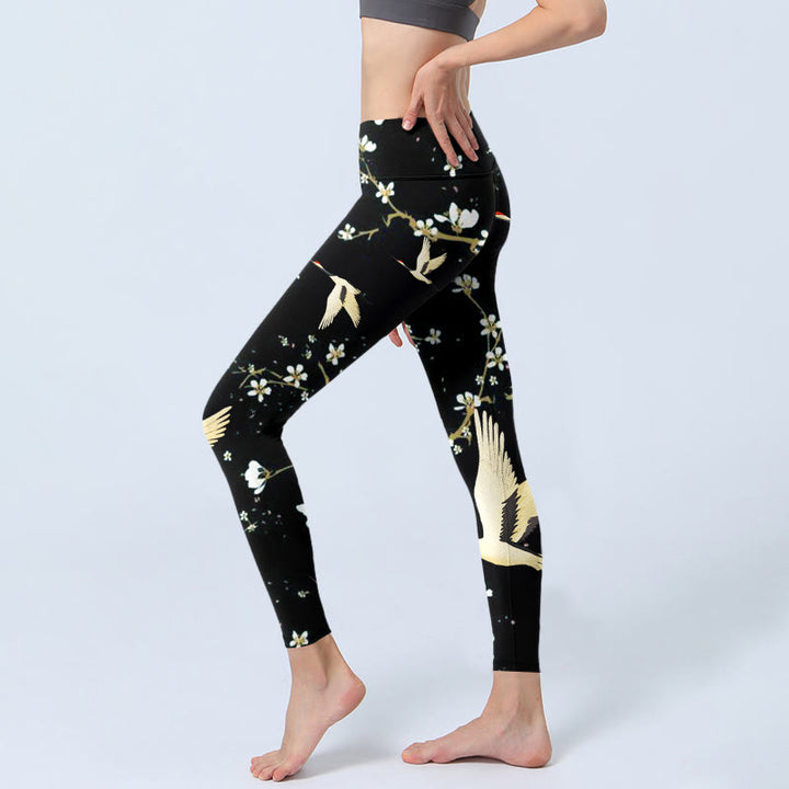 Leggings de yoga para mujer con estampado de grullas de corona roja, ciruelos y piedras de Buddha Stones - image 2