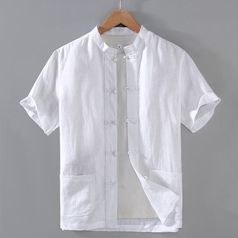 Camisa de lino y algodón para hombre con botones de rana, estilo vintage, con Buddha Stones y bolsillos. - Blanco - US/UK/AU46, EU56 (5XL) - image 10