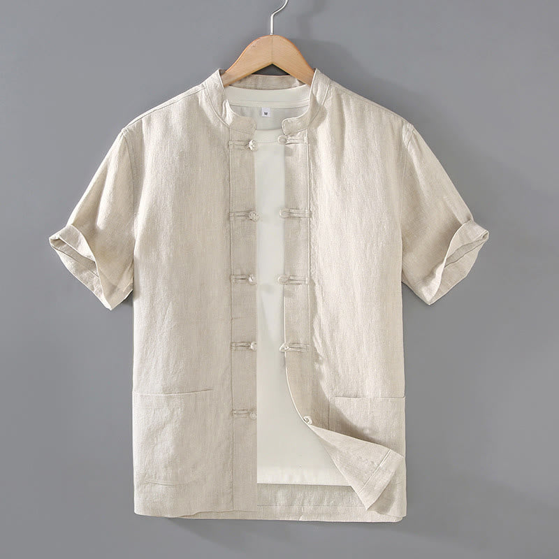 Camisa de lino y algodón para hombre con botones de rana, estilo vintage, con Buddha Stones y bolsillos. - Beige - US/UK/AU46, EU56 (5XL) - image 1