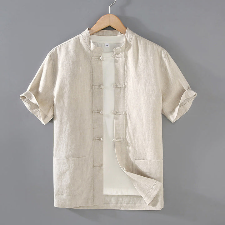 Camisa de lino y algodón para hombre con botones de rana, estilo vintage, con Buddha Stones y bolsillos. - Beige - US/UK/AU46, EU56 (5XL) - image 1