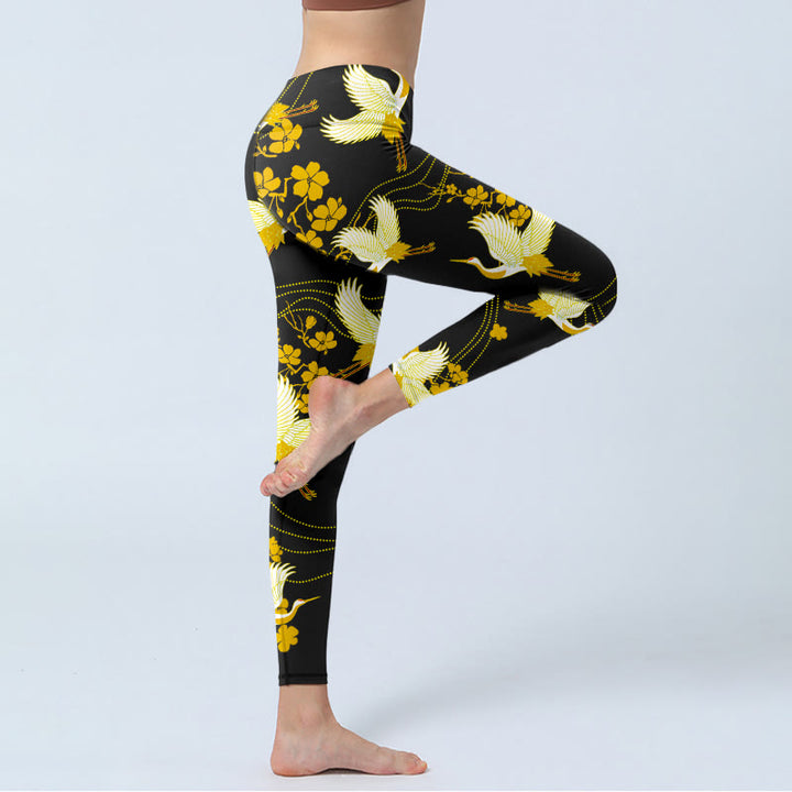 Leggings de yoga para mujer con estampado de líneas de flores doradas, grullas de corona roja y Buddha Stones - image 3