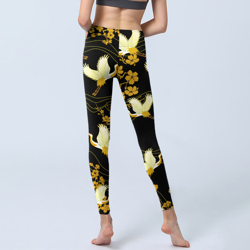Leggings de yoga para mujer con estampado de líneas de flores doradas, grullas de corona roja y Buddha Stones - image 6