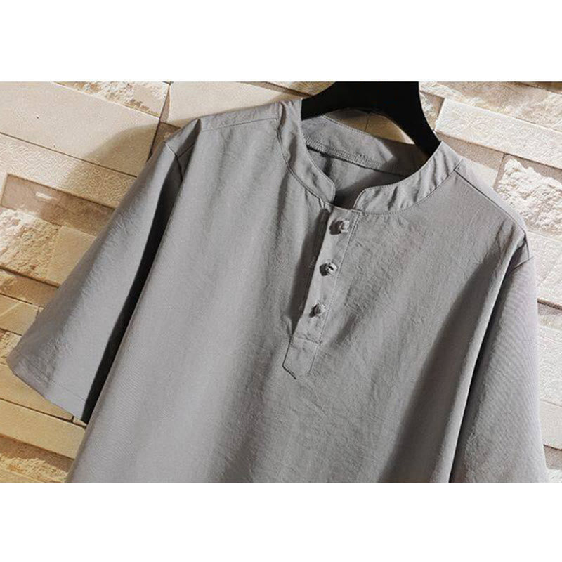 Chaqueta estilo camisa de manga corta para hombre, estilo vintage, informal, de color liso, con estampado de Buddha Stones - image 1