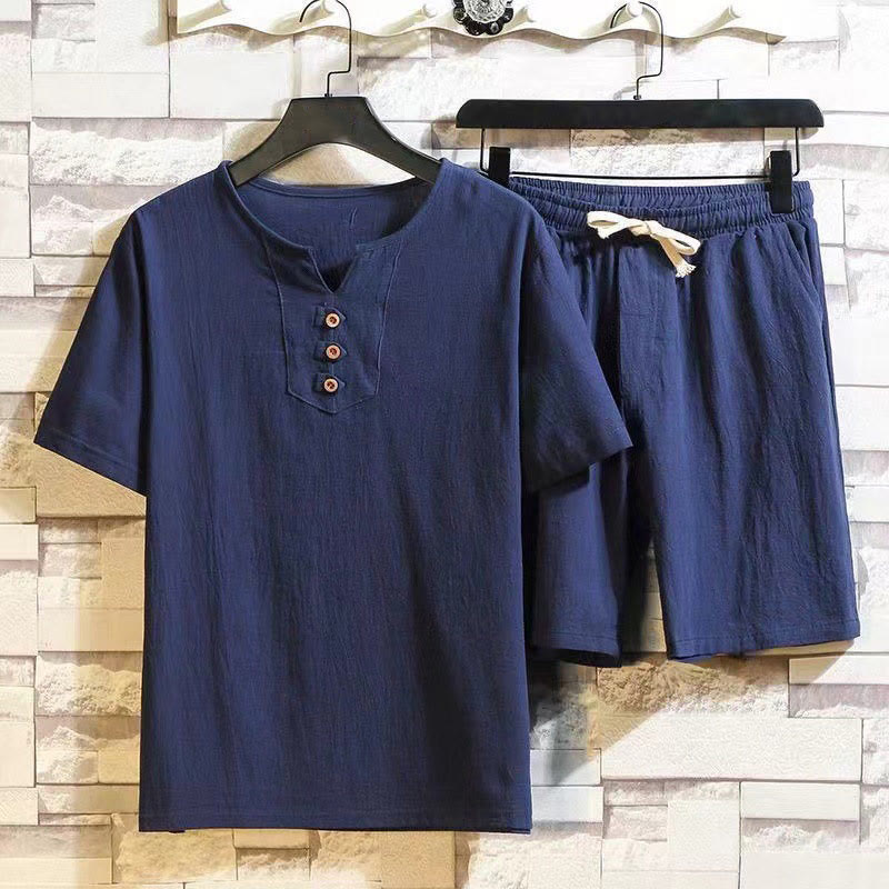 Conjunto de 2 Buddha Stones y pantalones cortos con bolsillos y cordón para meditación de lino y algodón para hombre. - Marina de guerra - US/UK/AU46, EU56 (5XL) - image 0
