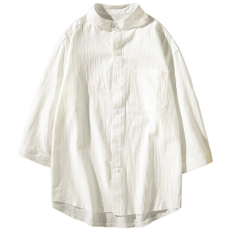 Camisa de lino y algodón para hombre, estilo vintage, informal, lisa, de botonadura sencilla, con mangas tres cuartos y bolsillo, de Buddha Stones
