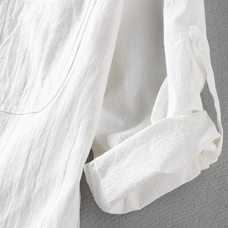 Camisa de lino y algodón para hombre, estilo vintage, informal, lisa, de botonadura sencilla, con mangas tres cuartos y bolsillo, de Buddha Stones