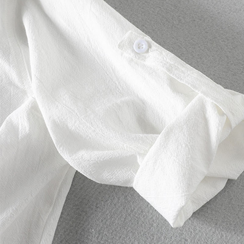 Camisa de lino y algodón para hombre, estilo vintage, informal, lisa, de botonadura sencilla, con mangas tres cuartos y bolsillo, de Buddha Stones