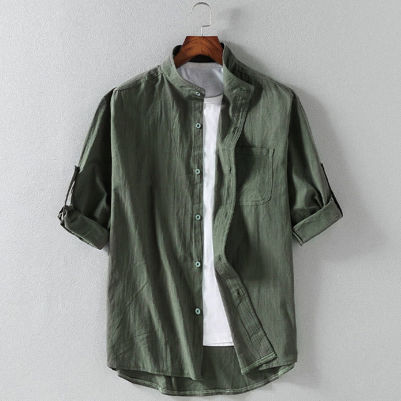 Camisa de lino y algodón para hombre, estilo vintage, informal, lisa, de botonadura sencilla, con mangas tres cuartos y bolsillo, de Buddha Stones - Verde oscuro - US/UK/AU46, EU56 (5XL) - image 0