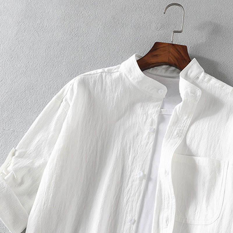 Camisa de lino y algodón para hombre, estilo vintage, informal, lisa, de botonadura sencilla, con mangas tres cuartos y bolsillo, de Buddha Stones