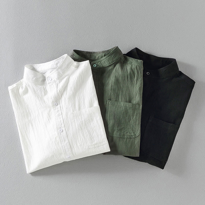 Camisa de lino y algodón para hombre, estilo vintage, informal, lisa, de botonadura sencilla, con mangas tres cuartos y bolsillo, de Buddha Stones