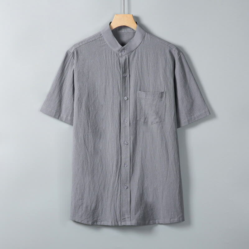 Camisa de lino y algodón de manga corta para hombre, con estampado diario de Buddha Stones, color liso, con botonadura sencilla y bolsillos - Gris oscuro - US/UK/AU46, EU56 (5XL) - image 0