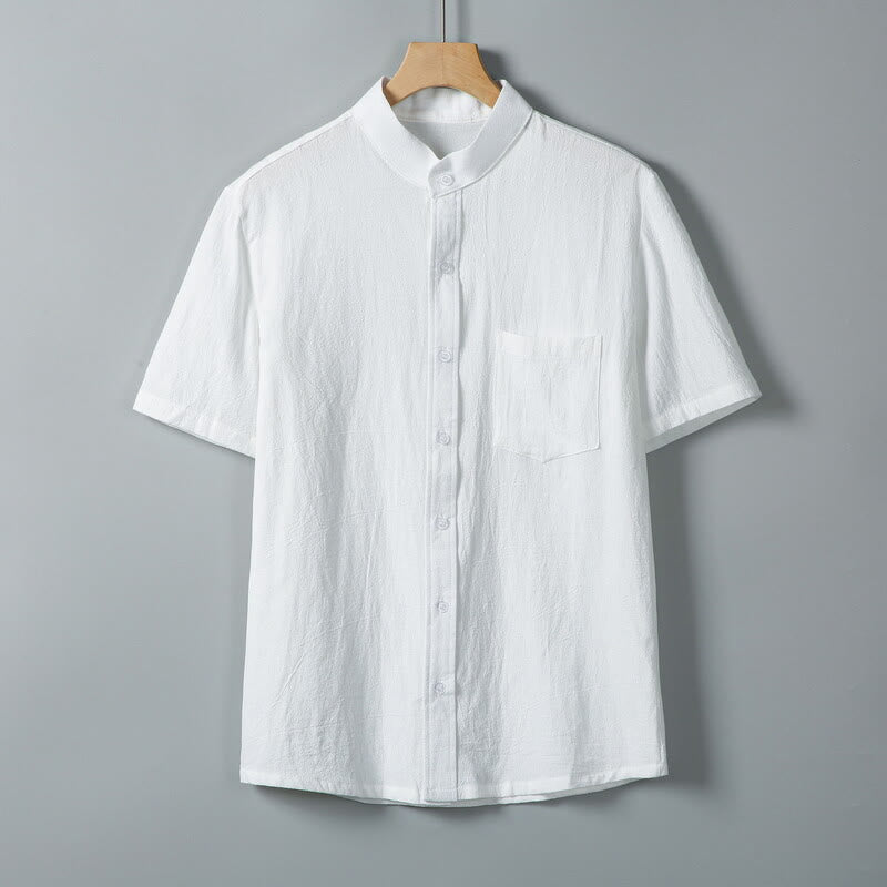 Camisa de lino y algodón de manga corta para hombre, con estampado diario de Buddha Stones, color liso, con botonadura sencilla y bolsillos - Blanco - US/UK/AU46, EU56 (5XL) - image 1