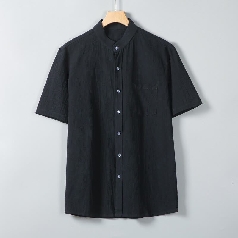 Camisa de lino y algodón de manga corta para hombre, con estampado diario de Buddha Stones, color liso, con botonadura sencilla y bolsillos - Negro - US/UK/AU46, EU56 (5XL) - image 8