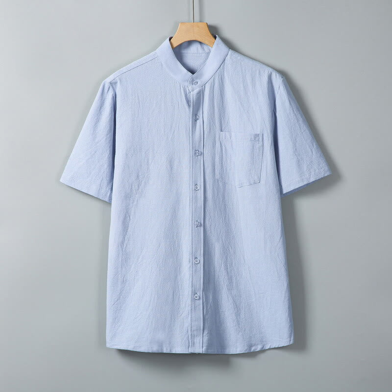 Camisa de lino y algodón de manga corta para hombre, con estampado diario de Buddha Stones, color liso, con botonadura sencilla y bolsillos - Azul cielo claro - US/UK/AU46, EU56 (5XL) - image 13