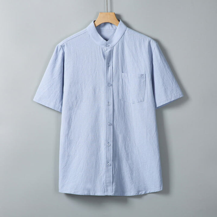 Camisa de lino y algodón de manga corta para hombre, con estampado diario de Buddha Stones, color liso, con botonadura sencilla y bolsillos - Azul cielo claro - US/UK/AU46, EU56 (5XL) - image 13