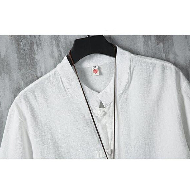 Camisa de lino y algodón de manga corta para hombre, estilo casual, con botones de rana y estilo chino, de Buddha Stones - image 5
