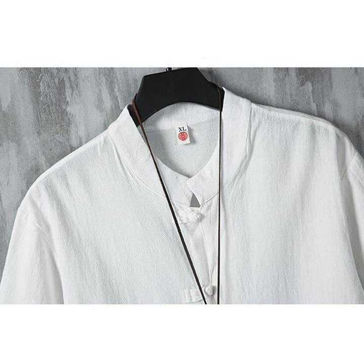 Camisa de lino y algodón de manga corta para hombre, estilo casual, con botones de rana y estilo chino, de Buddha Stones - image 5