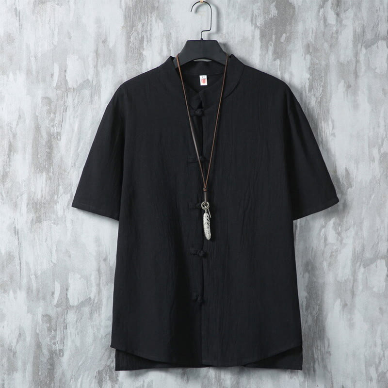 Camisa de lino y algodón de manga corta para hombre, estilo casual, con botones de rana y estilo chino, de Buddha Stones - Negro - US/UK/AU46, EU56 (5XL) - image 10