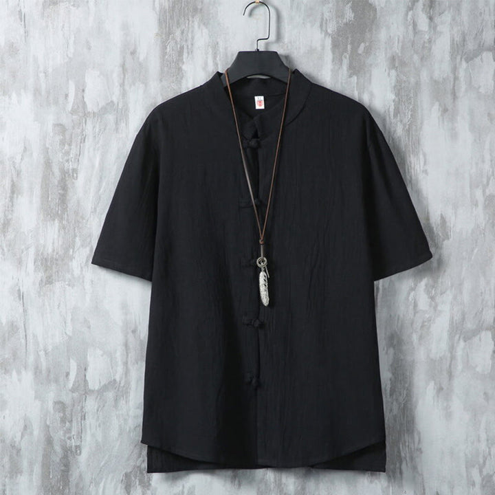 Camisa de lino y algodón de manga corta para hombre, estilo casual, con botones de rana y estilo chino, de Buddha Stones - Negro - US/UK/AU46, EU56 (5XL) - image 10